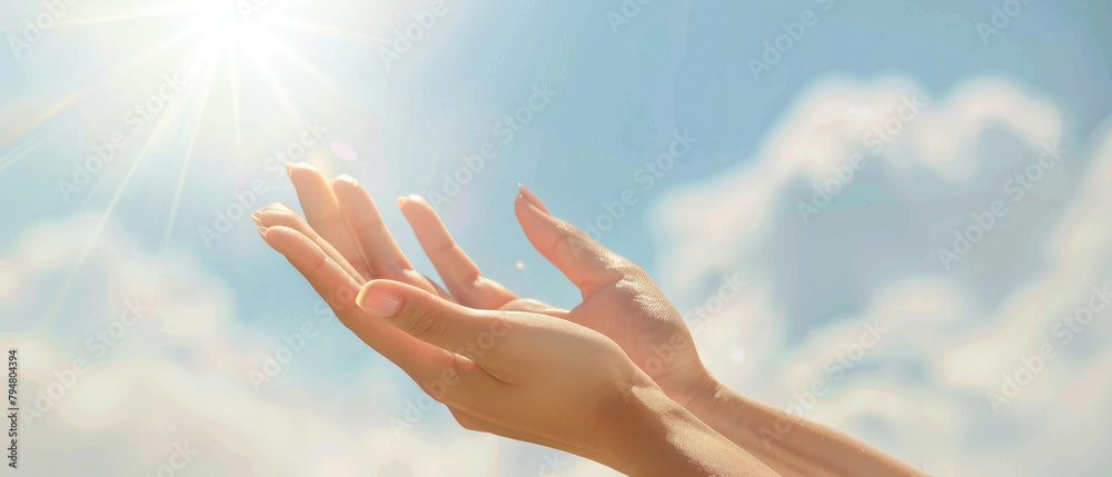 opened both hands fingers of a woman applying reiki healing against the background of a bright sun blue sky and clouds opened both hands fingers of a woman applying reiki healing against the background of a bright sun blue sky and clouds