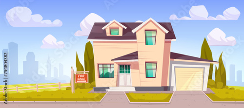 House for sale in suburban town. Vector cartoon illustration of family home building with garage, green backyard with lawn and trees, realtor agency banner, big city silhouettes on horizon, blue sky