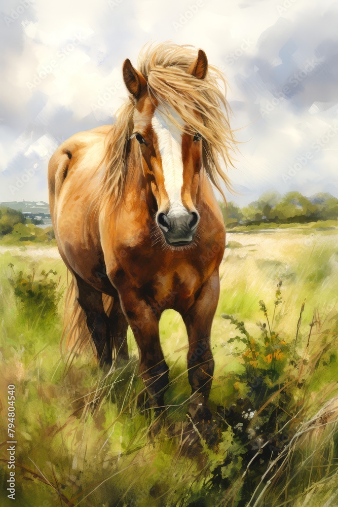 Obraz premium Illustration of a rescued horse grazing in the pasture of the equine sanctuary, a caretaker grooming its mane with gentle strokes