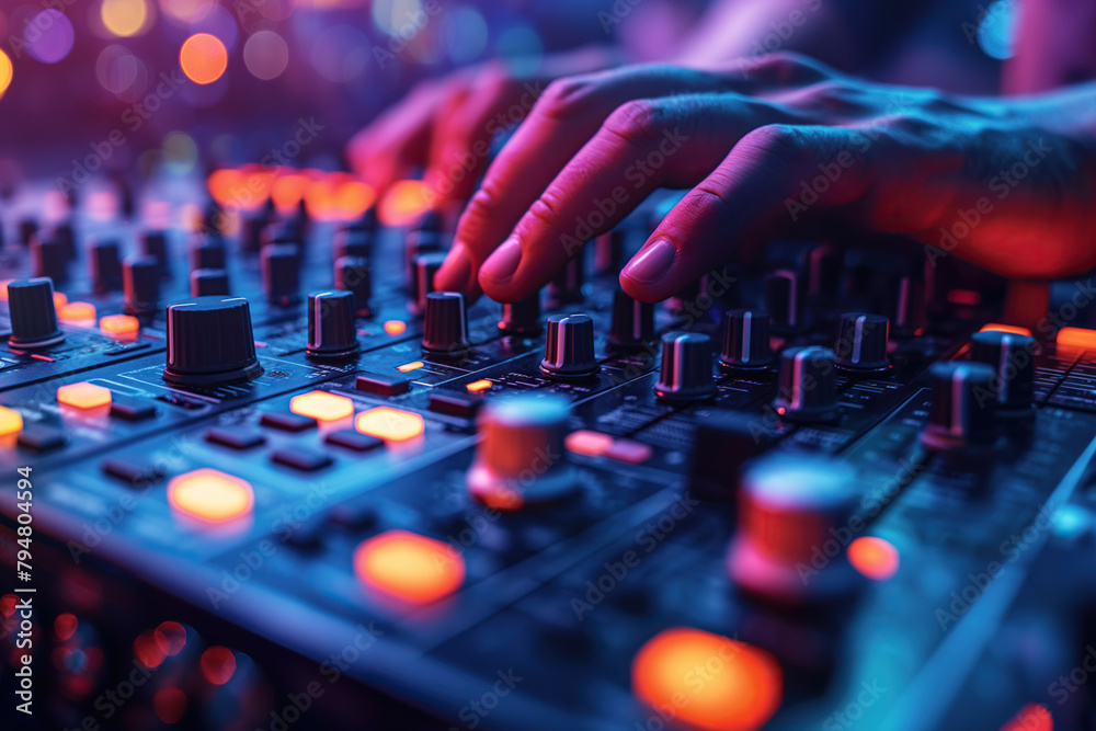 male hands of DJ mixes on a DJ console mixer at night club in party closeup male hands of DJ mixes on a DJ console mixer at night club in party closeup