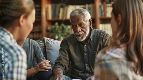 An elder man counseling a young couple, trying to mediate a peaceful discussion photo