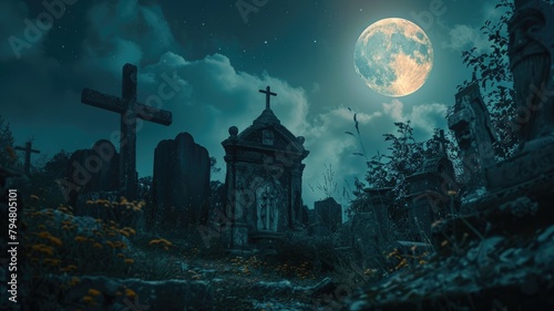 Ethereal full moon over solemn graveyard - The full moon's ethereal light bathes an old graveyard creating a surreal and somber atmosphere, highlighting the transience of life and the unknown © Mickey