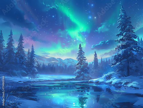 A beautiful blue sky with a bright aurora borealis in the background. The mountains in the distance are covered in snow and the trees are bare © silverwolf