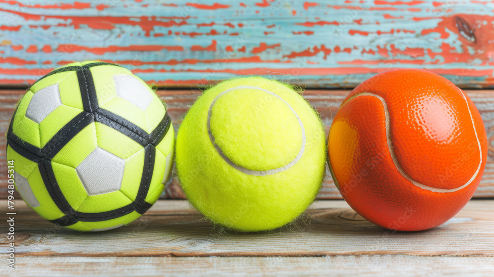 Three balls of different colors, one of which is yellow, are sitting on a wooden surface. The balls are arranged in a row, with the yellow one in the middle and the other two on either side