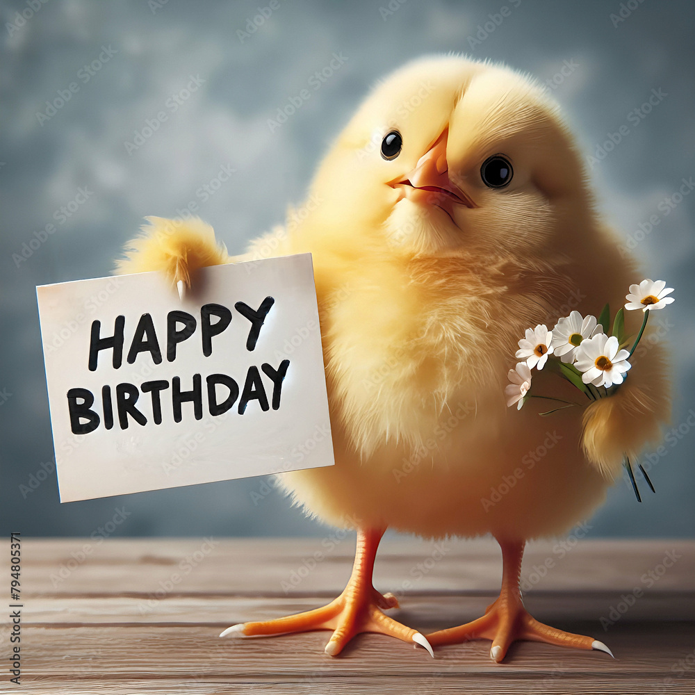 Happy Birthday. Ein Küken wünscht alles Gute zum Geburtstag. Stock