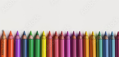Crayons lined up isolated on white background with copy space