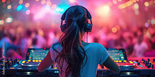 back of girl DJ in headphones mixing music on a DJ mixer console on booth in a night club at party