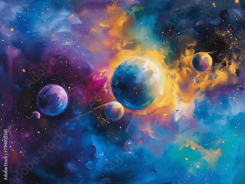 A colorful space scene with three planets and a lot of stars. The planets are purple and yellow