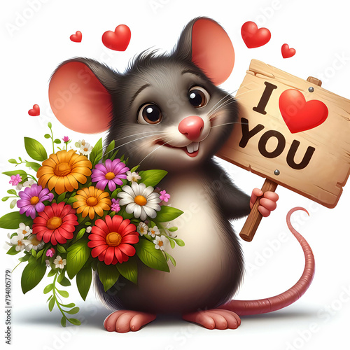 Ich liebe Dich - I love you. Ein lustiges Mäuschen mit Blumen sagt dir, dass es sich liebt.
