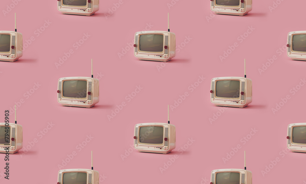 Seamless pattern with rows of retro old tv on trendy pastel pink background. Creative and trendy 3d style print