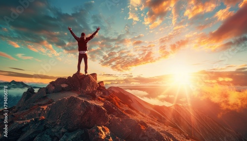 A man is standing on a mountain peak, with the sun shining brightly behind him by AI generated image © chartchai