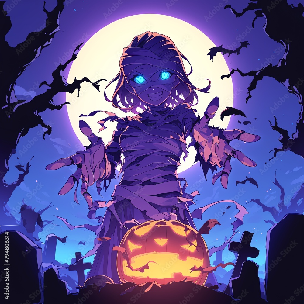 Create an image of an anime girl dressed as a mummy standing next to a glowing jack-o-lantern She could be holding the pumpkin in one hand while gesturing excitedly with the other The scene could be s Create an image of an anime girl dressed as a mummy standing next to a glowing jack-o-lantern She could be holding the pumpkin in one hand while gesturing excitedly with the other The scene could be s