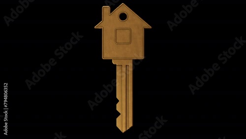 Real Estate Key. The house-shaped key rotates 360 degrees. Looped video with alpha channel.