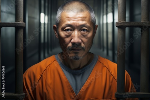  Portrait of a stoic Asian male prisoner, aged 50, exuding quiet strength and resilience in the face of incarceration