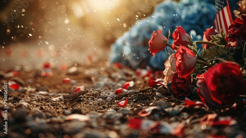 American flag and red roses on grave with sunlight filtering through