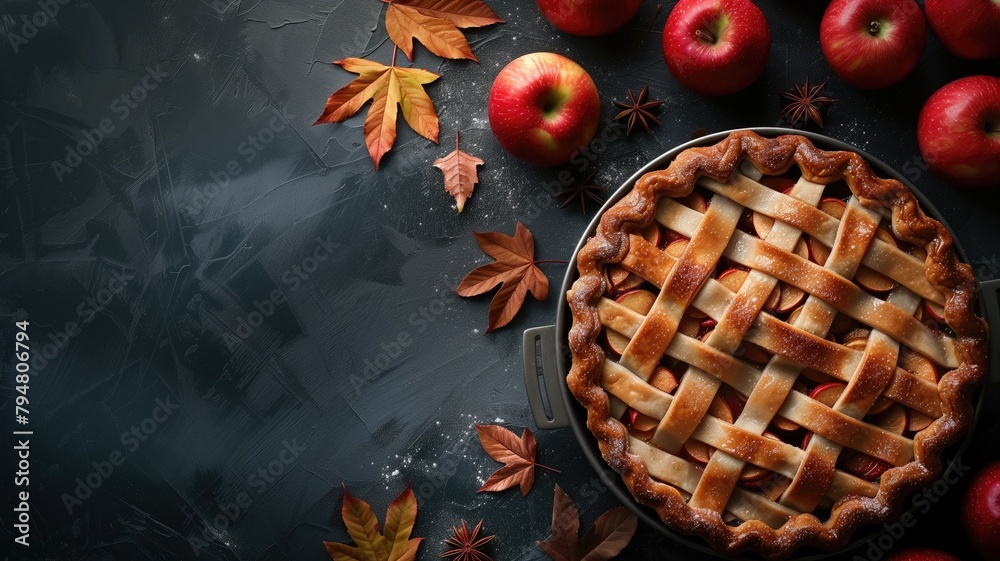 Fresh apple pie with lattice crust amidst autumn leaves on dark background Fresh apple pie with lattice crust amidst autumn leaves on dark background