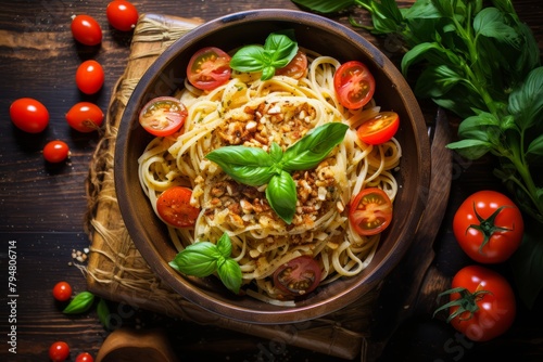  Still life photo of cauliflower-based alternative noodles arranged in a bowl, surrounded by ingredients like garlic, tomatoes, and basil, hinting at the fresh and vibrant flavors of the dish