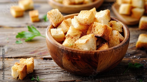 Wooden bowl filled with golden-brown croutons on rustic table