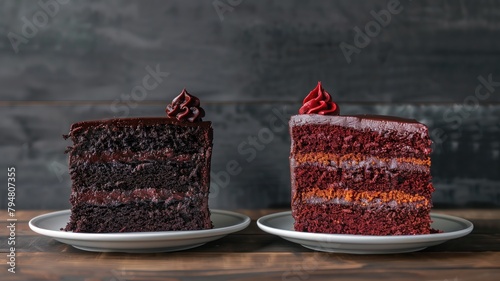 Two slices of layered chocolate cake with red frosting on white plates