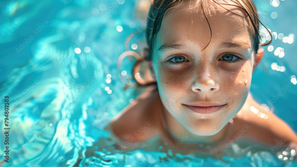 Child smiling in swimming pool, close-up on face, clear blue water