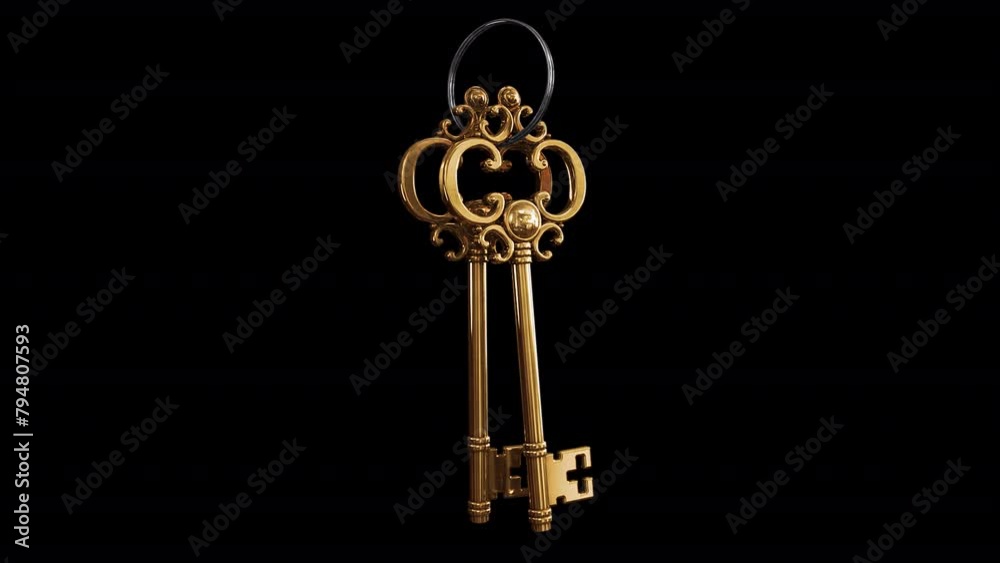 Fairy Golden Keys. 3D animation of a bunch of two magic keys swinging on a ring. Looped video with alpha channel.