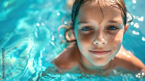 Child smiling in swimming pool, close-up on face, clear blue water