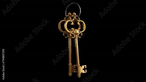 Fairy Golden Keys. 3D animation of a bunch of two magic keys swinging on a ring. Looped video with alpha channel.