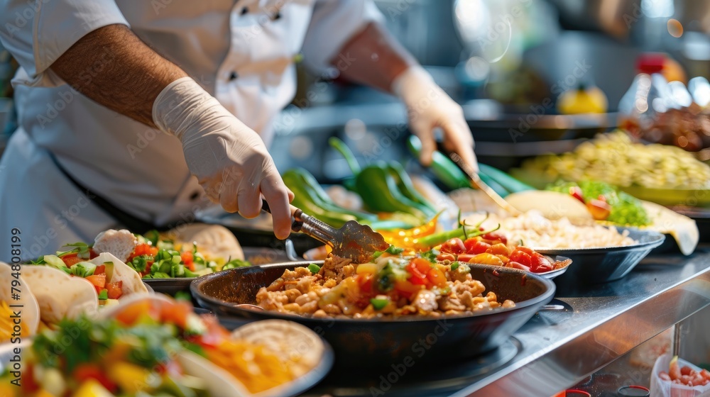 An action shot of a chef preparing authentic Mexican dishes for a Cinco de Mayo feast.