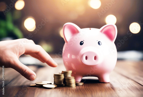 'investment financial money table wood bank piggy holding hand Man image Panoramic save baby pig plan management wealth income male budget health insurance finance business personal people concept' photo