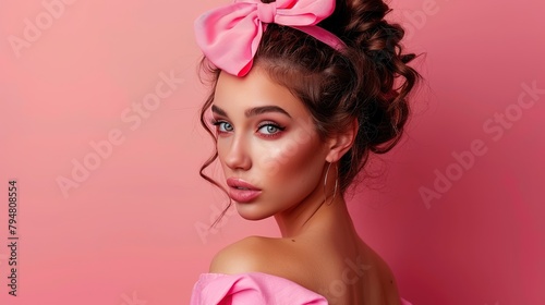 A woman with a pink bow in her hair and a stylish dress, posing confidently against a vibrant solid background
