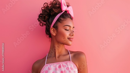 A woman with a pink bow in her hair and a stylish dress, posing confidently against a vibrant solid background
