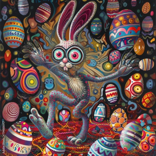 A painting of a rabbit with a bunch of eggs around him