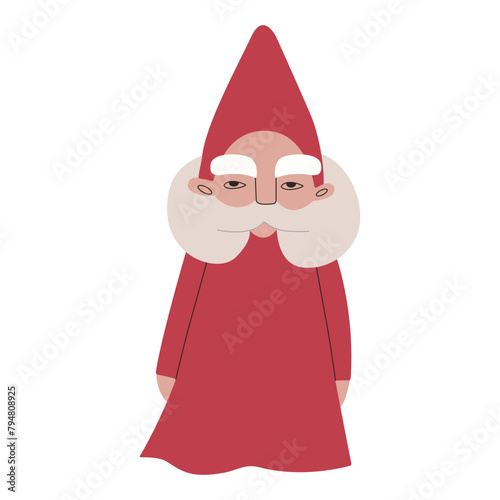 A wise old dwarf wizard with bushy sideburns wearing a red robe and a pointed hat. Vector illustration for packaging, greeting cards and wrapping paper, gifts, posters.