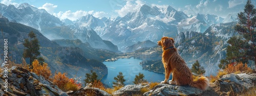 Adventurous dog leading the way on a mountain trail, tail wagging excitedly. Hyperdetailed. Photorealistic. HD. super detailed