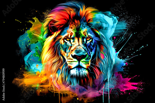 Lion head with colorful paint splashes on black background. Multicolored illustration