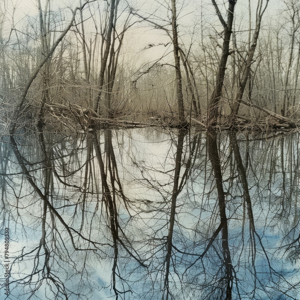 A painting of a forest with trees and water A painting of a forest with trees and water