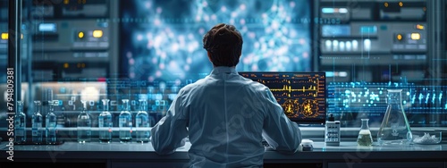 Chemist monitoring the synthesis process on a computer connected to a reaction vessel. Hyperdetailed. Photorealistic. HD. super detailed photo