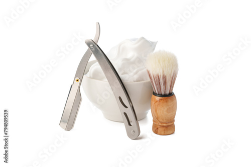 Vintage shaving razor and tools isolated on white