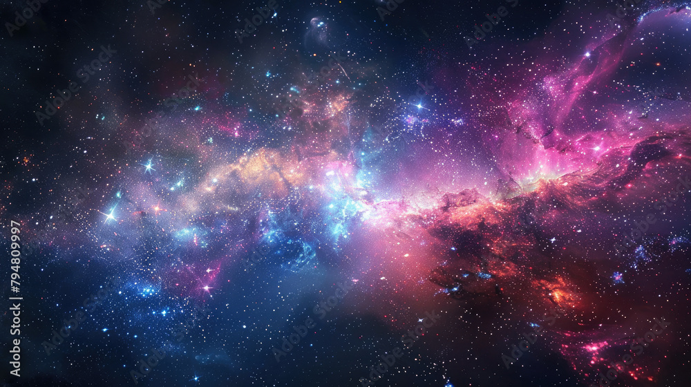 Ethereal space scene background with a galaxy dotted with bright nebulae and scattered stars