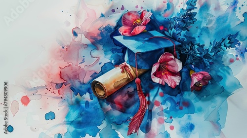 Graduation cap, diploma and flowers on blue watercolor background photo