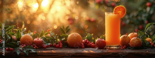 Freshly squeezed orange juice, vibrant and pulpy, sunrise scene. Hyperdetailed. Photorealistic. HD. super detailed photo