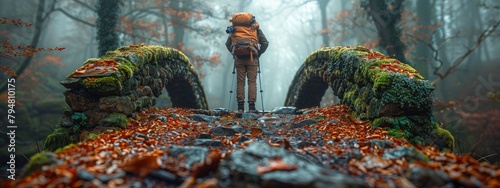 Hiker photographing an old, moss-covered stone bridge on a forest trail. Hyperdetailed. Photorealistic. HD. super detailed photo