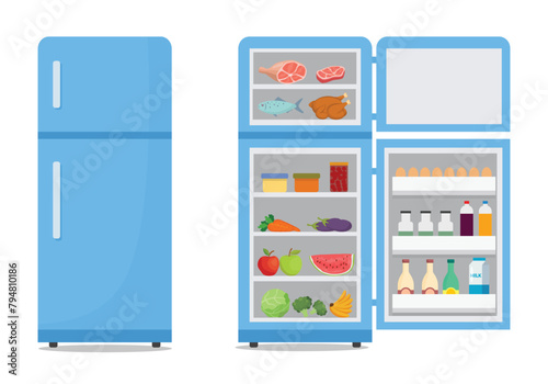 Closed and opened refrigerator with shelves full of healthy food, fruits and vegetables and beverages