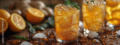 Homemade ginger ale, spicy and sweet, in a frosty glass. Hyperdetailed. Photorealistic. HD. super detailed photo