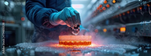 Laboratory assistant labeling cryovials for long-term storage in liquid nitrogen. Hyperdetailed. Photorealistic. HD. super detailed