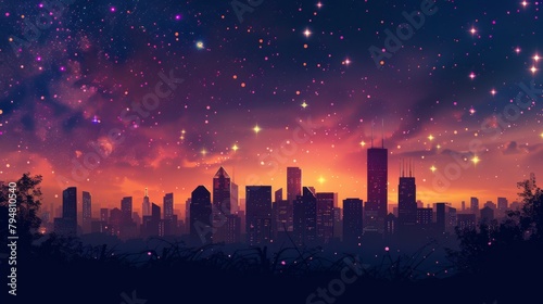 Retro cityscape under a dreamy star-filled sky  blending modern silhouettes with old-world charm