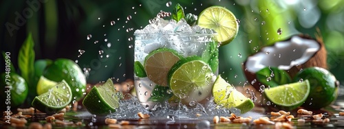 Lime and coconut water, hydrating and tropical, beachside refreshment. Hyperdetailed. Photorealistic. HD. super detailed photo