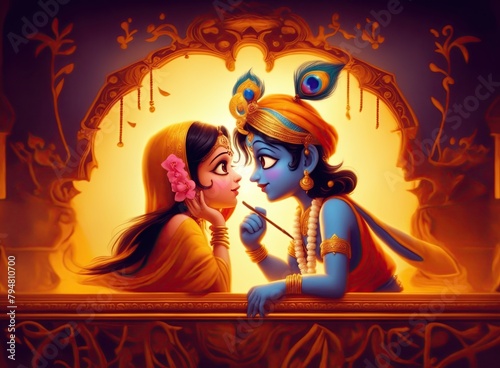 Divine love story of Hindu gods Radha and Krishna, Radha Krishna Painting with colorful background