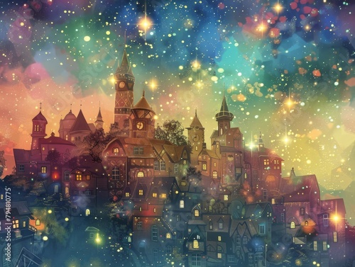 Retro fantasy scene with shimmering stars over a whimsical pastel town, perfect for a magical mood