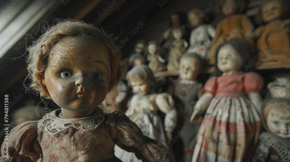 An eerie attic filled with old dolls, one's head ominously turned towards the camera